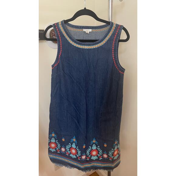 J. Jill Small Petite Denim Dress Sleeveless Embroidered Pockets Fringe Hem Shift - Picture 1 of 9